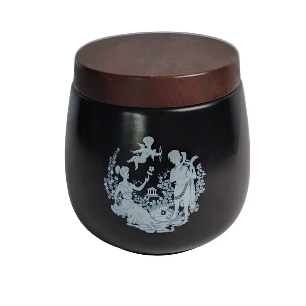 Vintage Ceramic Jar Canister Black White Brown Classical Scene Wood Lid Italy